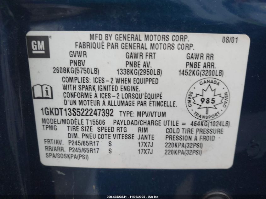 2002 GMC Envoy Sle/Slt VIN: 1GKDT13S522247392 Lot: 43523641