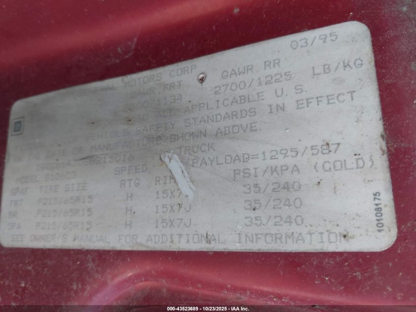 1995 Chevrolet S Truck S10 VIN: 1GCCS14Z0S8215016 Lot: 43523689