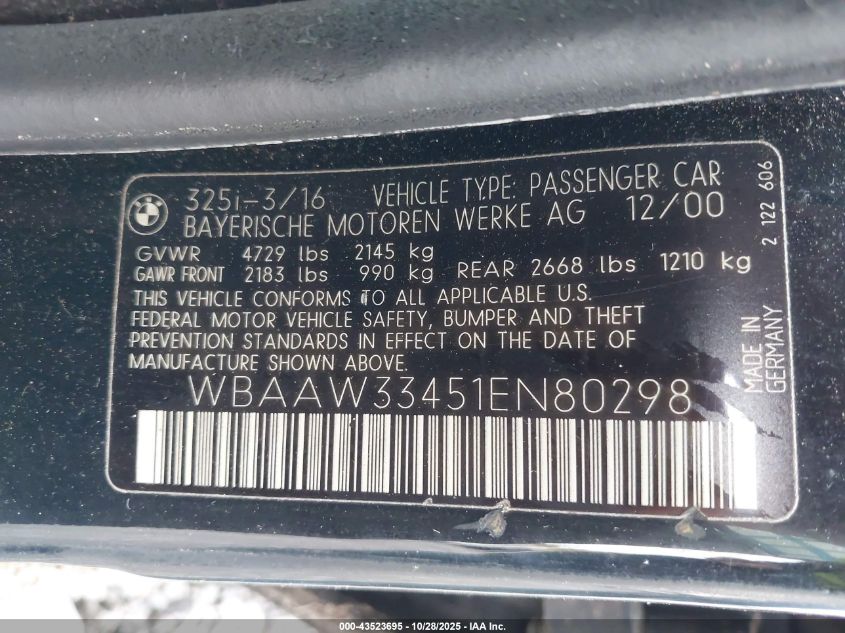 2001 BMW 325I VIN: WBAAW33451EN80298 Lot: 43523695