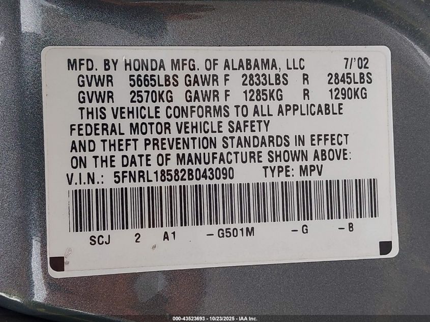 2002 Honda Odyssey Lx VIN: 5FNRL18582B043090 Lot: 43523693