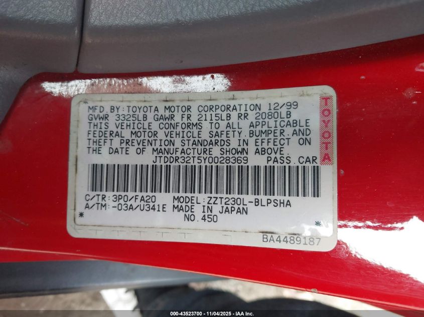 2000 Toyota Celica Gt VIN: JTDDR32T5Y0028369 Lot: 43523700