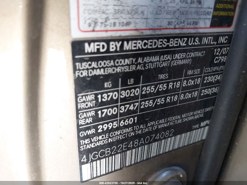 2008 Mercedes-Benz R 320 Cdi 4Matic VIN: 4JGCB22E48A074082 Lot: 43523705