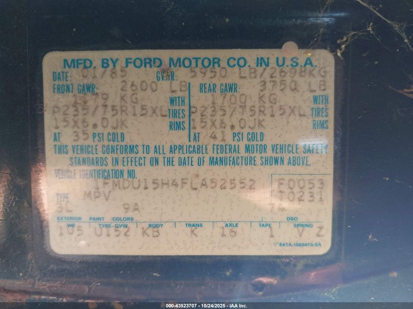 1985 Ford Bronco U100 VIN: 1FMDU15H4FLA52552 Lot: 43523707