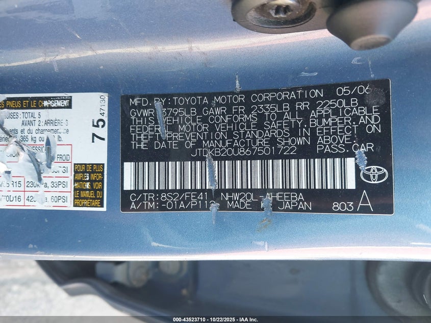 JTDKB20U867501722 2006 TOYOTA PRIUS photo no. 9
