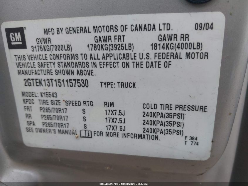2005 GMC Sierra 1500 Sle VIN: 2GTEK13T151157530 Lot: 43523709