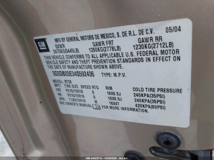 2004 Buick Rendezvous Cx VIN: 3G5DB03E34S592406 Lot: 43523714