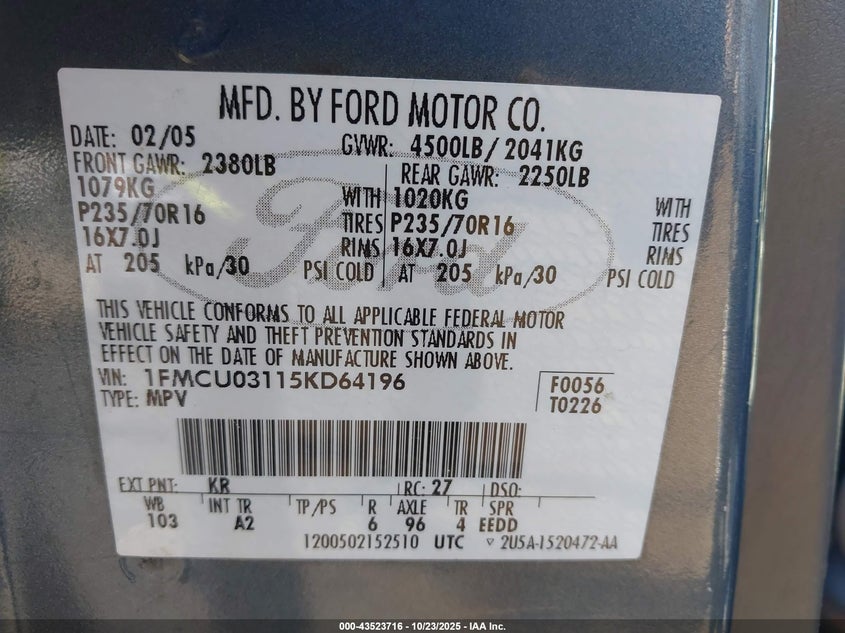 1FMCU03115KD64196 2005 FORD ESCAPE photo no. 9