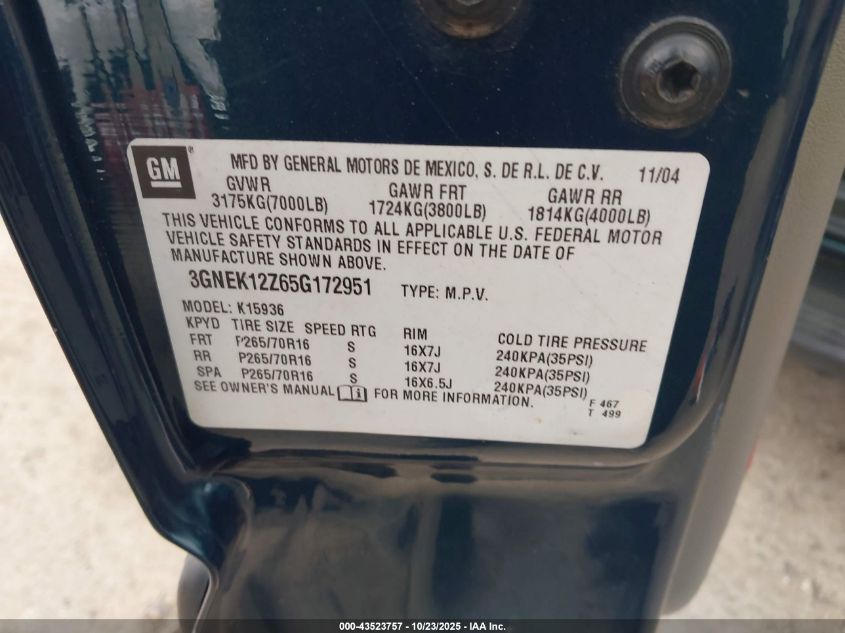 2005 Chevrolet Avalanche 1500 Ls VIN: 3GNEK12Z65G172951 Lot: 43523757