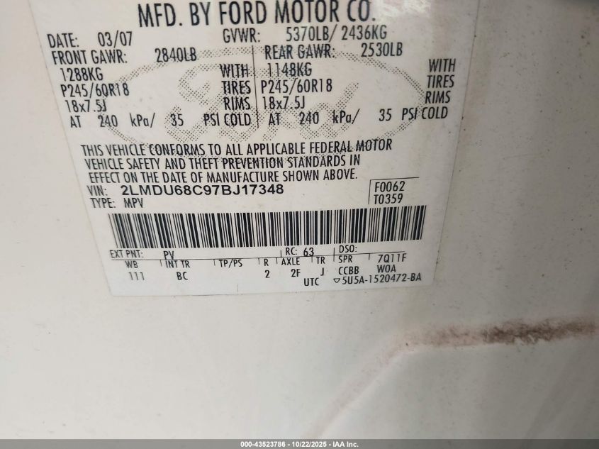 2007 Lincoln Mkx VIN: 2LMDU68C97BJ17348 Lot: 43523786