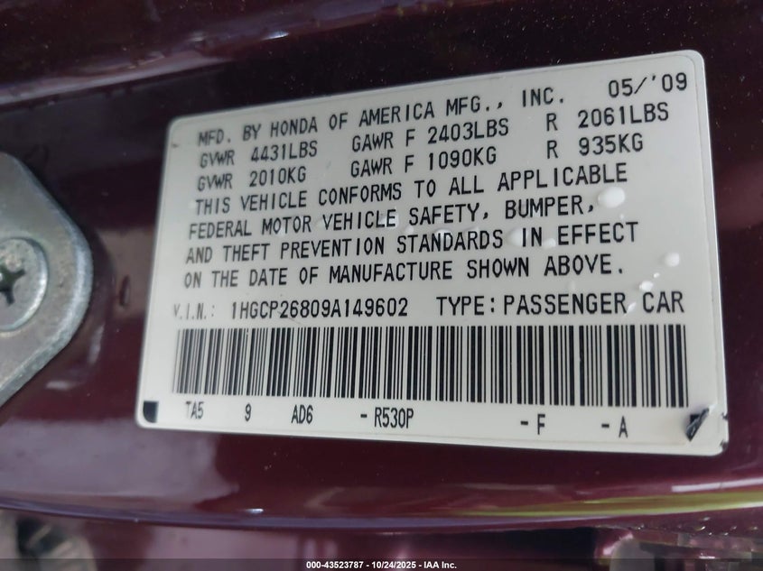 1HGCP26809A149602 2009 HONDA ACCORD photo no. 9