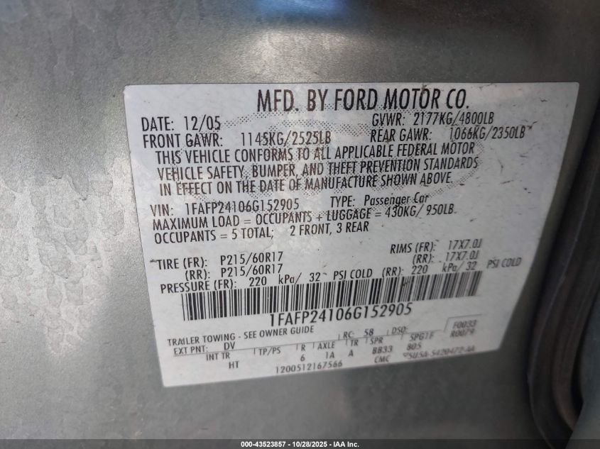 2006 Ford Five Hundred Sel VIN: 1FAFP24106G152905 Lot: 43523857