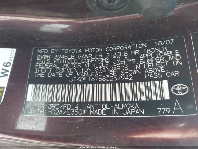 2008 Scion Tc VIN: JTKDE167680257942 Lot: 43523905