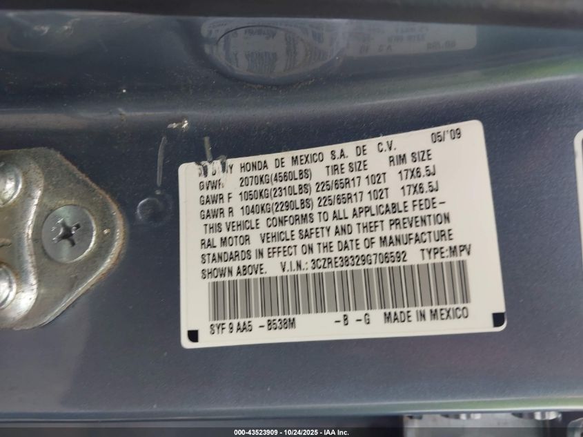2009 Honda Cr-V Lx VIN: 3CZRE38329G706592 Lot: 43523909