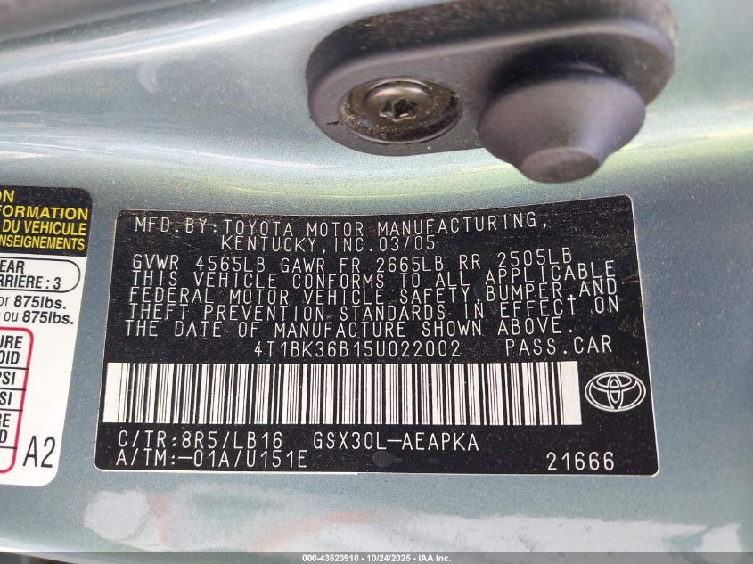 2005 Toyota Avalon Limited VIN: 4T1BK36B15U022002 Lot: 43523910