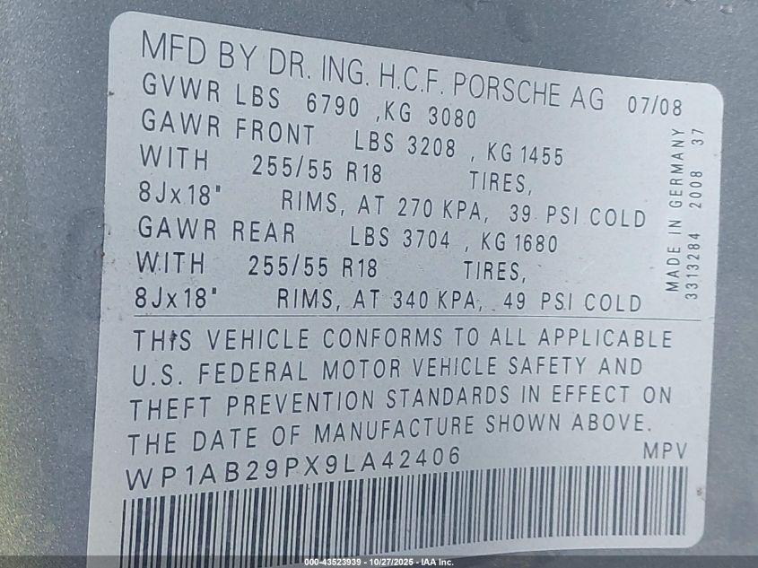 2009 Porsche Cayenne S VIN: WP1AB29PX9LA42406 Lot: 43523939