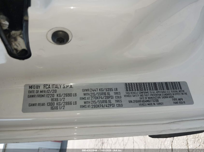 2021 Ram Promaster City Tradesman VIN: ZFBHRFAB4M6T73298 Lot: 43523946