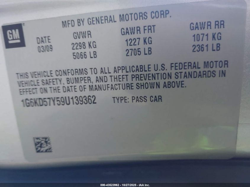 2009 Cadillac Dts 1Sd VIN: 1G6KD57Y59U139362 Lot: 43523962