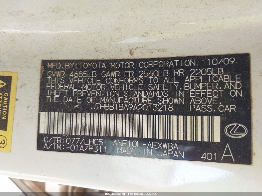 2010 Lexus Hs 250H Premium VIN: JTHBB1BA9A2013218 Lot: 43523970