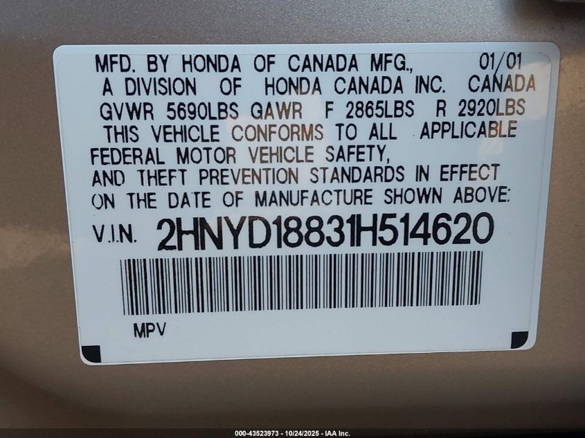 2001 Acura Mdx VIN: 2HNYD18831H514620 Lot: 43523973
