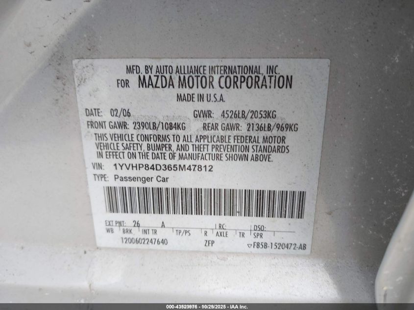 2006 Mazda Mazda6 S Grand Sport VIN: 1YVHP84D365M47812 Lot: 43523976