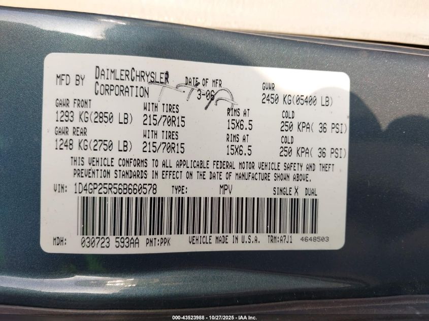 2006 Dodge Caravan Se VIN: 1D4GP25R56B660578 Lot: 43523988