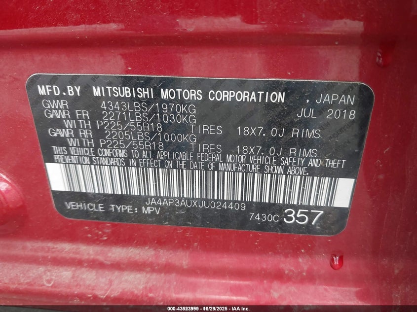 2018 Mitsubishi Outlander Sport 2.0 Es/2.0 Le VIN: JA4AP3AUXJU024409 Lot: 43523999