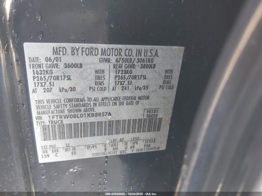 2001 Ford F-150 King Ranch Edition/Lariat/Xlt VIN: 1FTRW08L01KB88576 Lot: 43524005