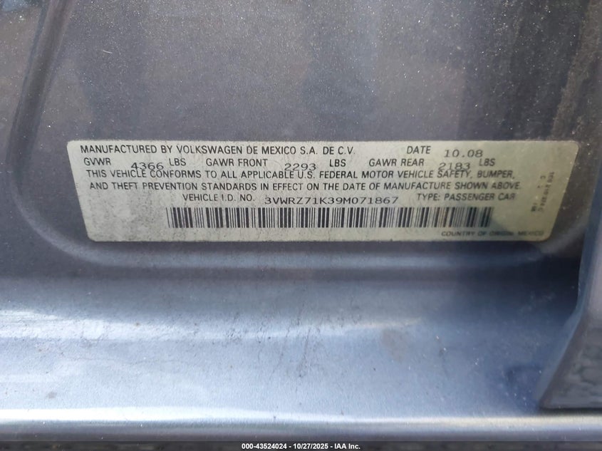 3VWRZ71K39M071867 2009 VOLKSWAGEN JETTA photo no. 9