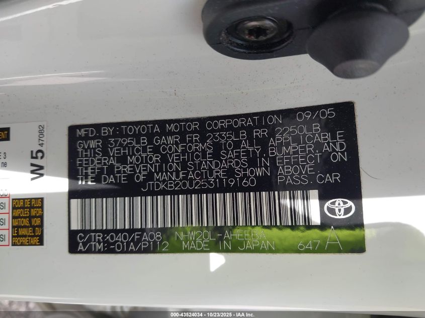 2005 Toyota Prius VIN: JTDKB20U253119160 Lot: 43524034