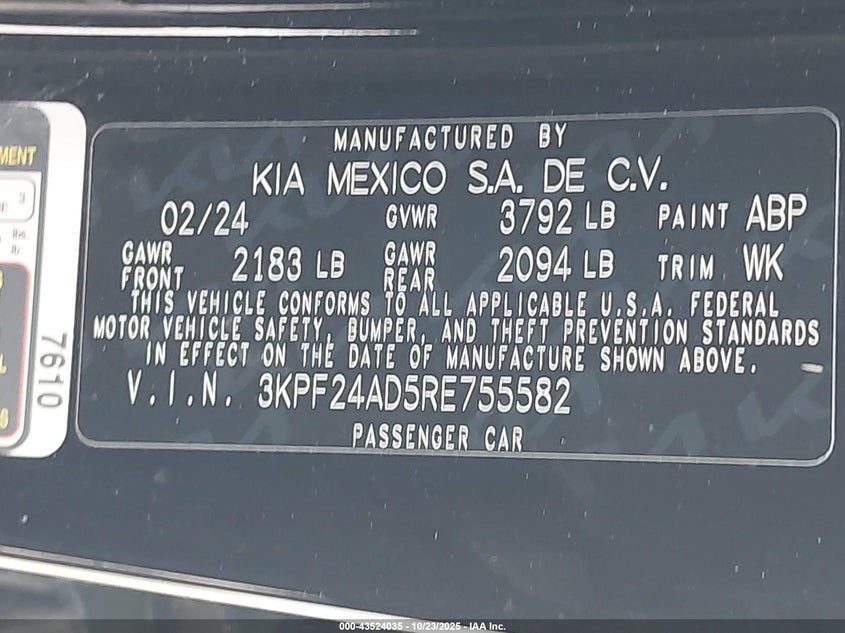 VIN 3KPF24AD5RE755582 2024 KIA FORTE LXS