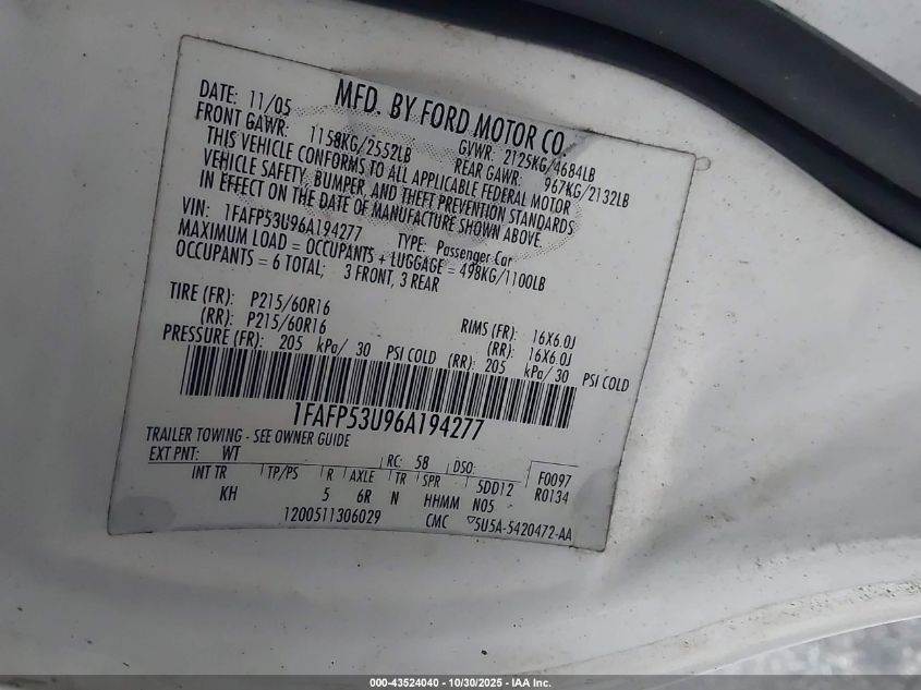 2006 Ford Taurus Se VIN: 1FAFP53U96A194277 Lot: 43524040