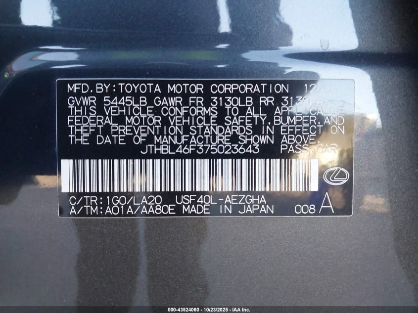 2007 Lexus Ls 460 VIN: JTHBL46F375023643 Lot: 43524060