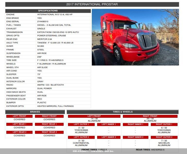 2017 International Prostar+ VIN: 3HSDJSNR3HN677622 Lot: 43524071