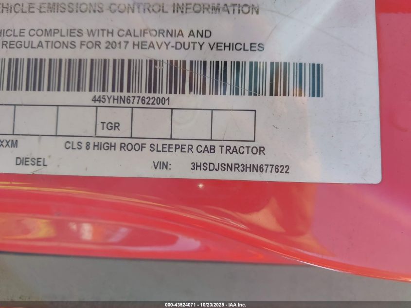 2017 International Prostar+ VIN: 3HSDJSNR3HN677622 Lot: 43524071