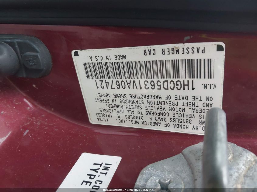 1997 Honda Accord Lx VIN: 1HGCD5631VA067421 Lot: 43524095