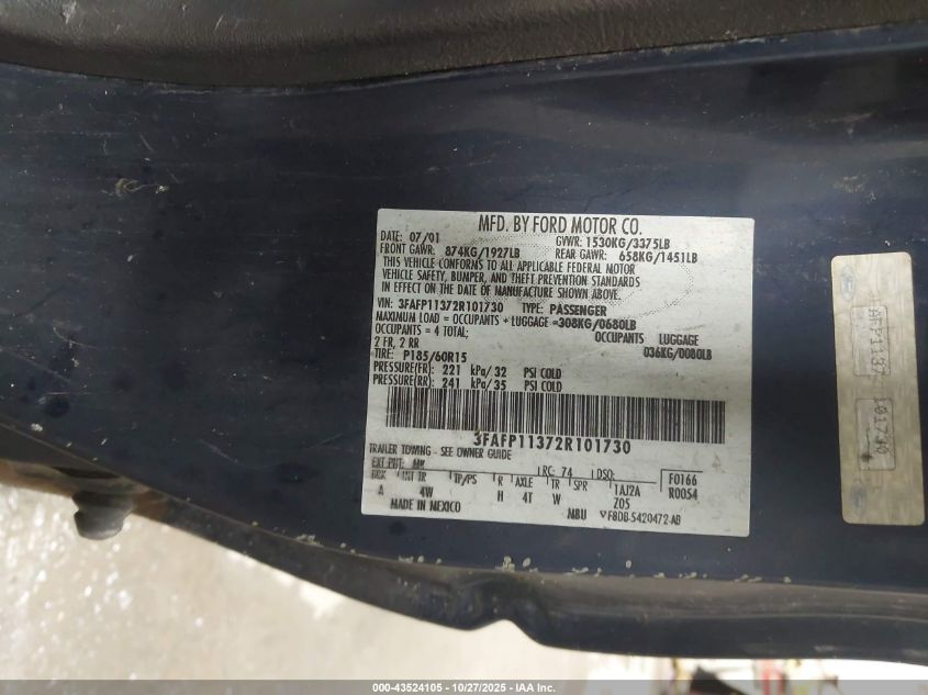 2002 Ford Escort Zx2 VIN: 3FAFP11372R101730 Lot: 43524105