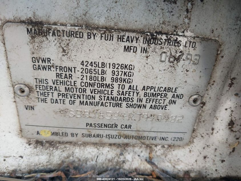 1994 Subaru Legacy L/L Alpine VIN: 4S3BJ6334R7940482 Lot: 43524121