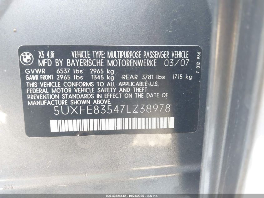 2007 BMW X5 4.8I VIN: 5UXFE83547LZ38978 Lot: 43524142
