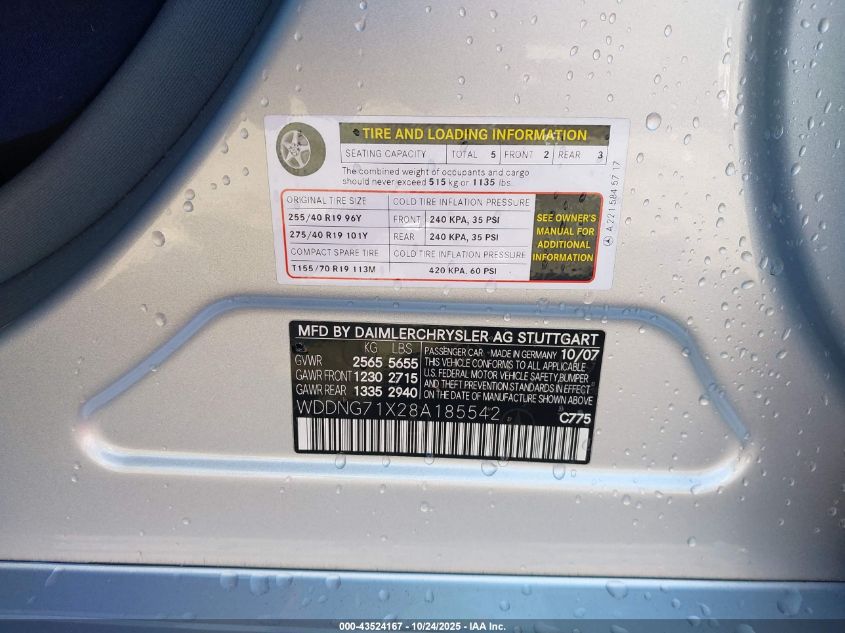 2008 Mercedes-Benz S 550 VIN: WDDNG71X28A185542 Lot: 43524167