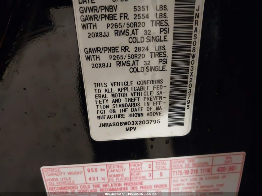 2003 Infiniti Fx35 VIN: JNRAS08W03X203795 Lot: 43524177