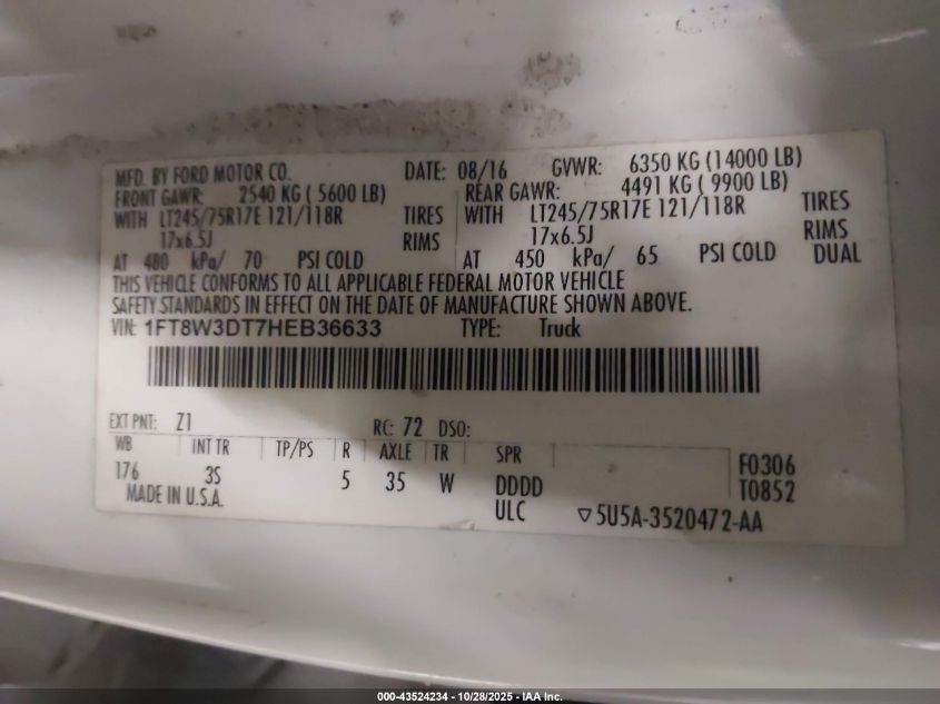 2017 Ford F-350 Xlt VIN: 1FT8W3DT7HEB36633 Lot: 43524234