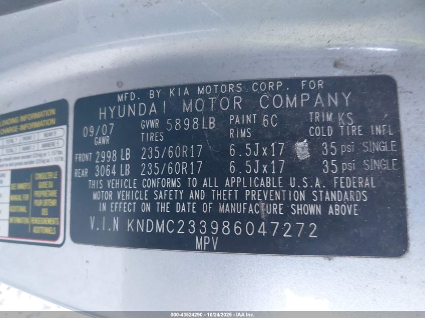 KNDMC233986047272 2008 HYUNDAI ENTOURAGE photo no. 9