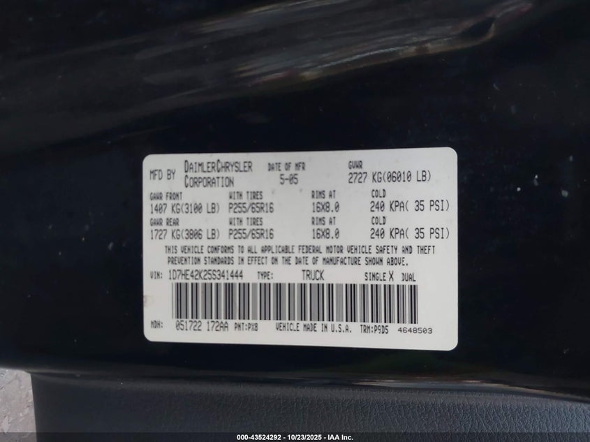 1D7HE42K25S341444 2005 DODGE DAKOTA photo no. 9