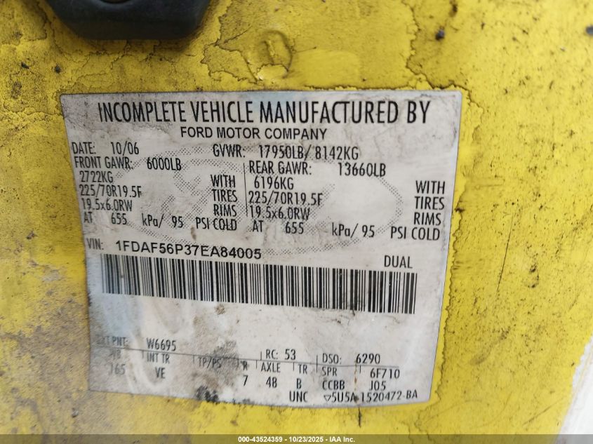 2007 Ford F-550 Chassis Xl/Xlt VIN: 1FDAF56P37EA84005 Lot: 43524359