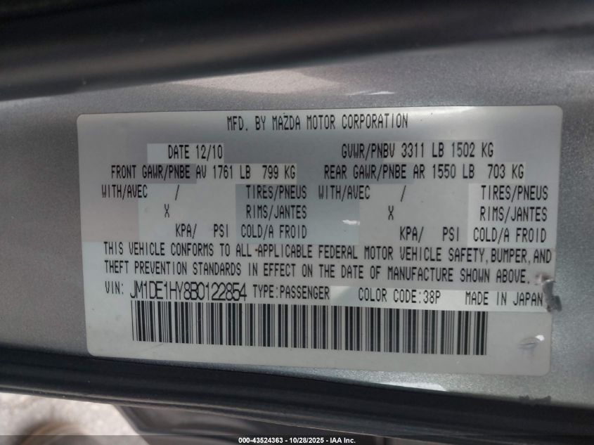 2011 Mazda Mazda2 Touring VIN: JM1DE1HY8B0122854 Lot: 43524363