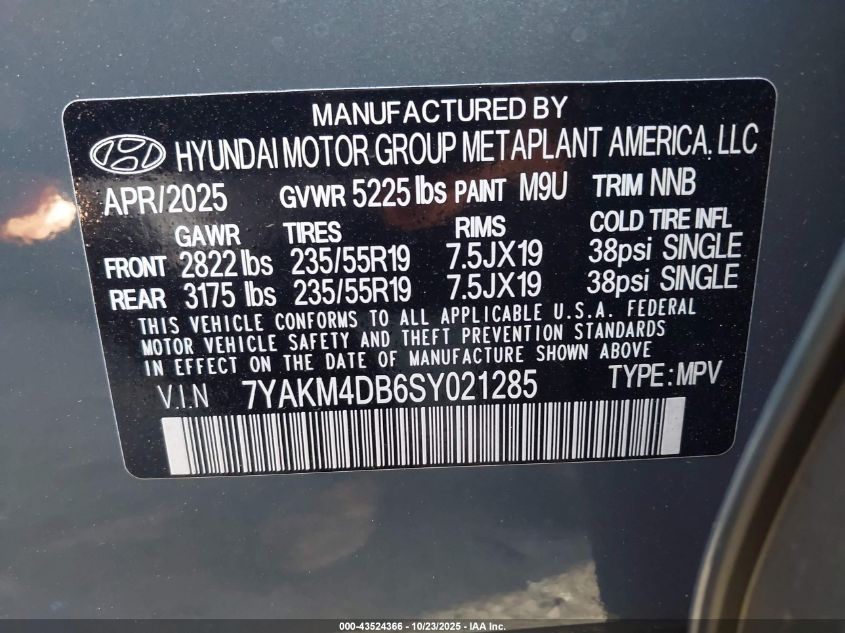2025 Hyundai Ioniq 5 Se Standard Range VIN: 7YAKM4DB6SY021285 Lot: 43524366