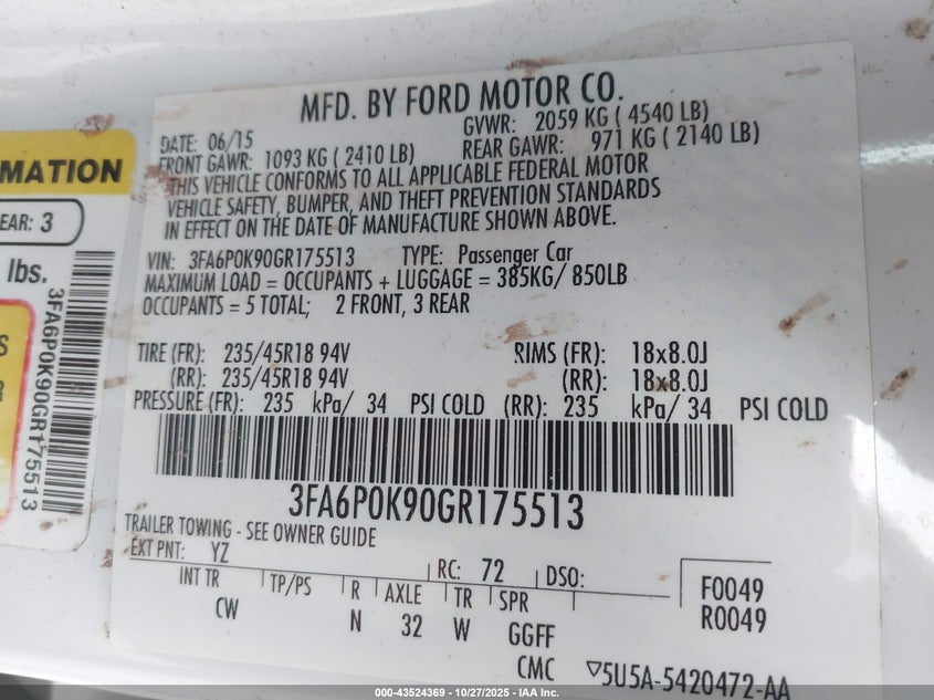 2016 FORD FUSION TITANIUM 3FA6P0K90GR175513