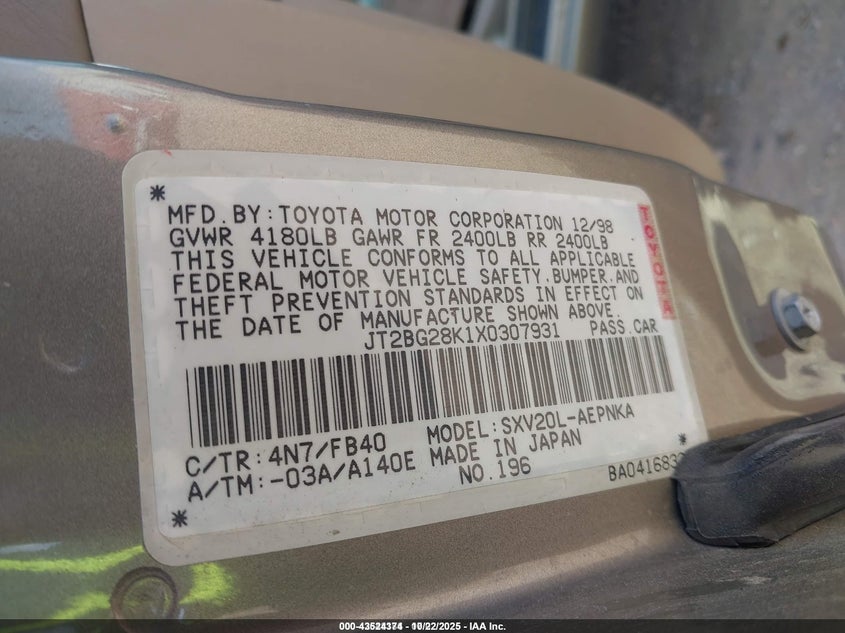 JT2BG28K1X0307931 1999 TOYOTA CAMRY photo no. 9