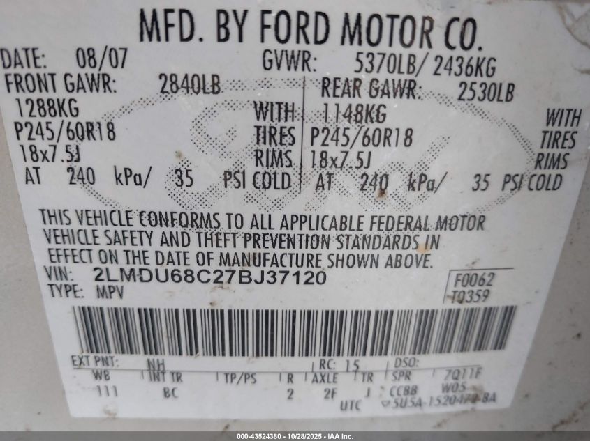 2007 Lincoln Mkx VIN: 2LMDU68C27BJ37120 Lot: 43524380