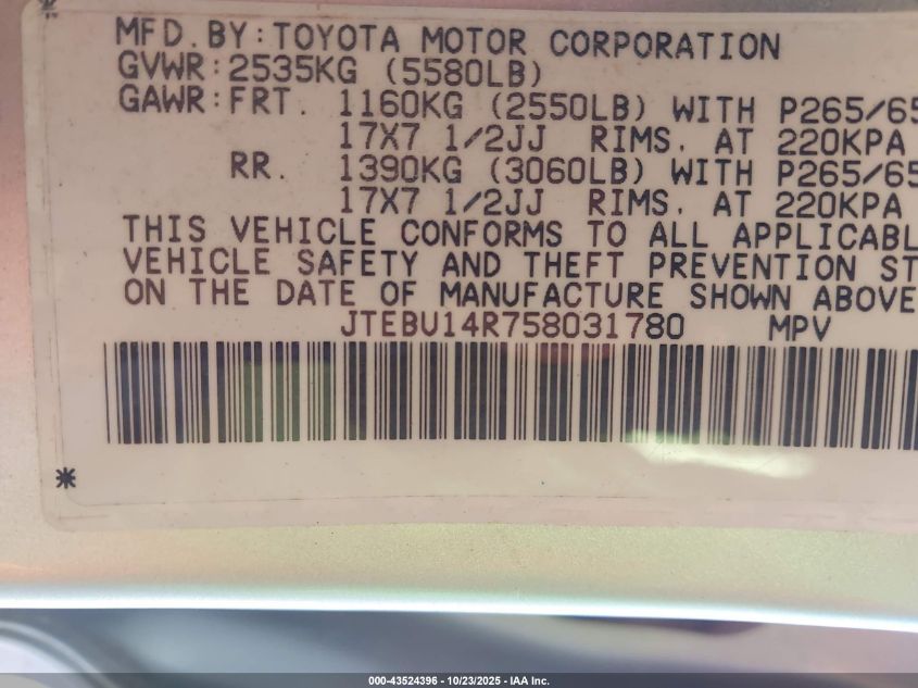2005 Toyota 4Runner Sr5 Sport V6 VIN: JTEBU14R758031780 Lot: 43524396